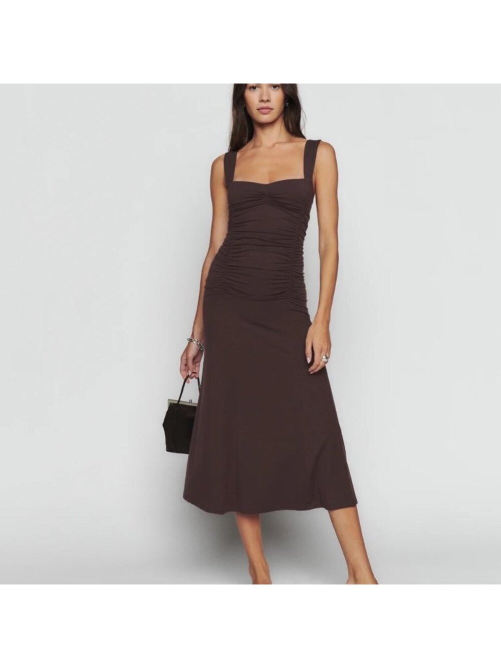 New Women's Reformation Beautiful Suvi Knit Ruched Midi Dress Brown S